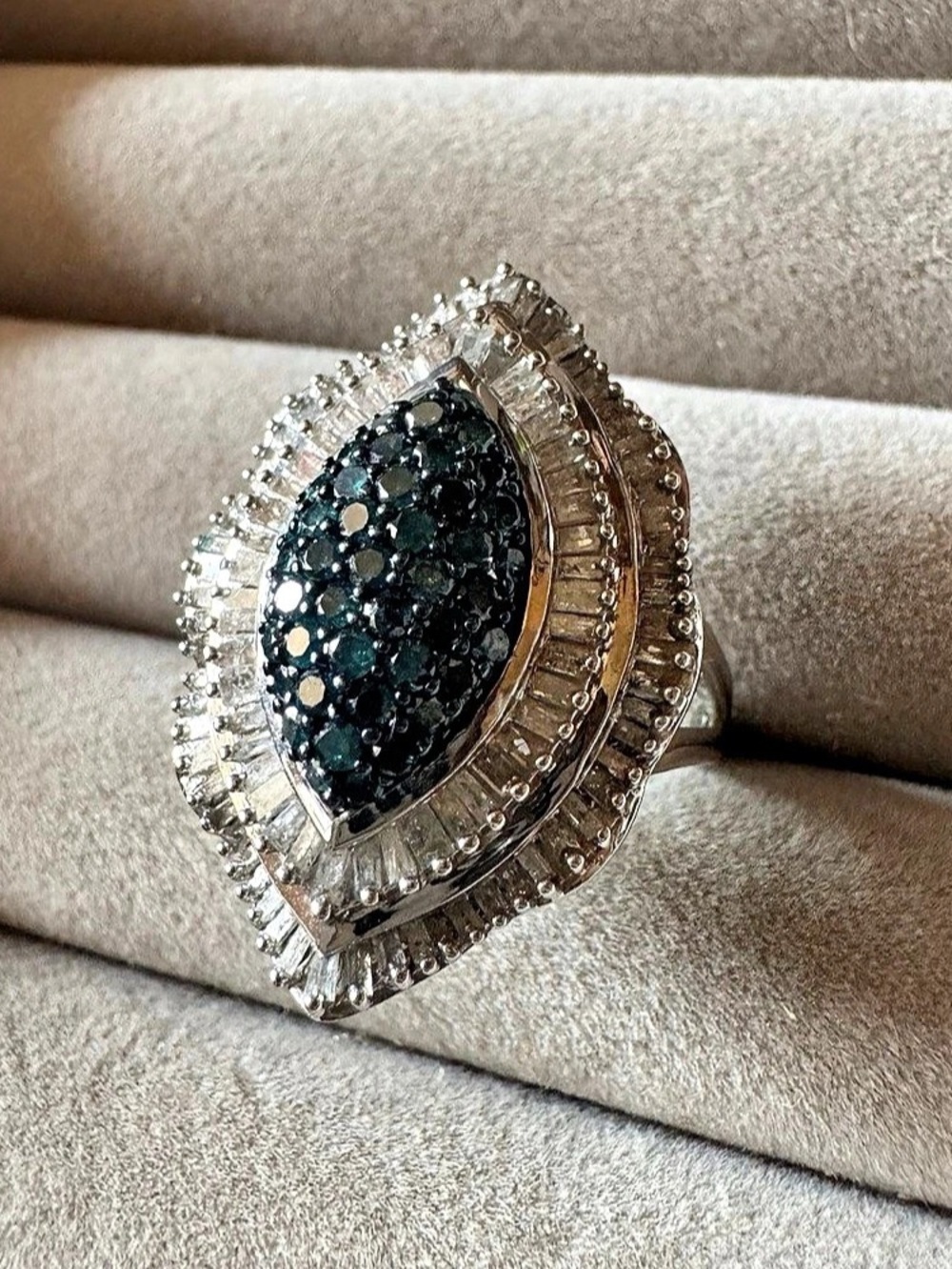 925 Sterling Silver Teal Blue & Clear Baguette Statement Ring Size 8